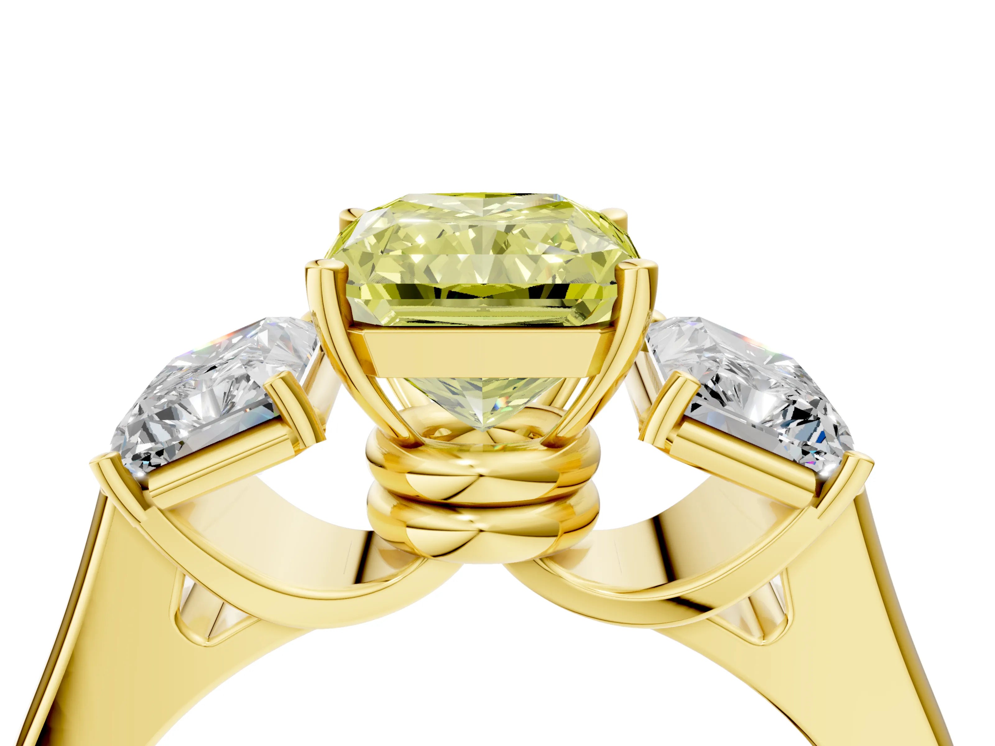 Yellow gold Three-Stone Fancy Yellow Radiant Cut Brilliant Diamond Trellis Ring with Comfort Fit Band_4