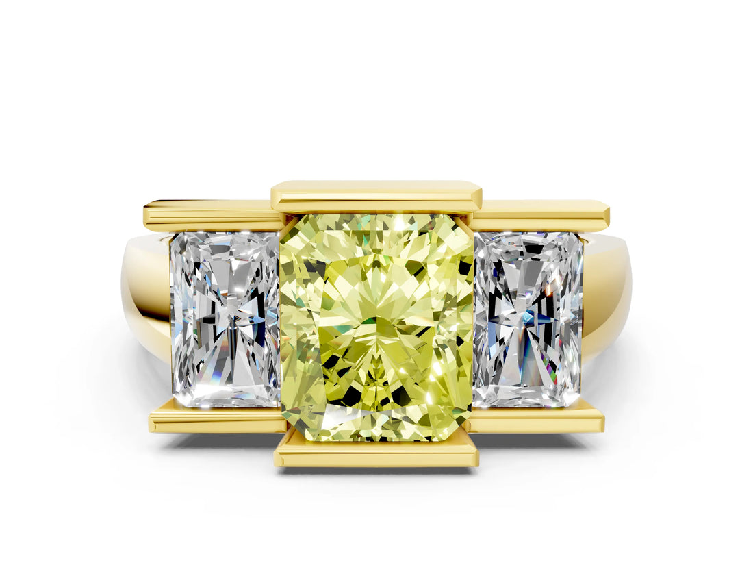 Yellow gold Three Stone Fancy Yellow Radiant Cut Cut Channel Set Diamond Ring