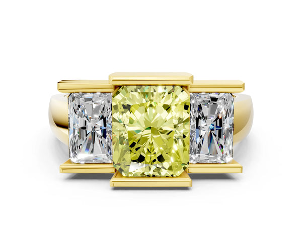 Yellow gold Three Stone Fancy Yellow Radiant Cut Cut Channel Set Diamond Ring