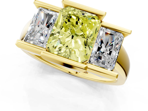 Yellow gold Three Stone Fancy Yellow Radiant Cut Cut Channel Set Diamond Ring