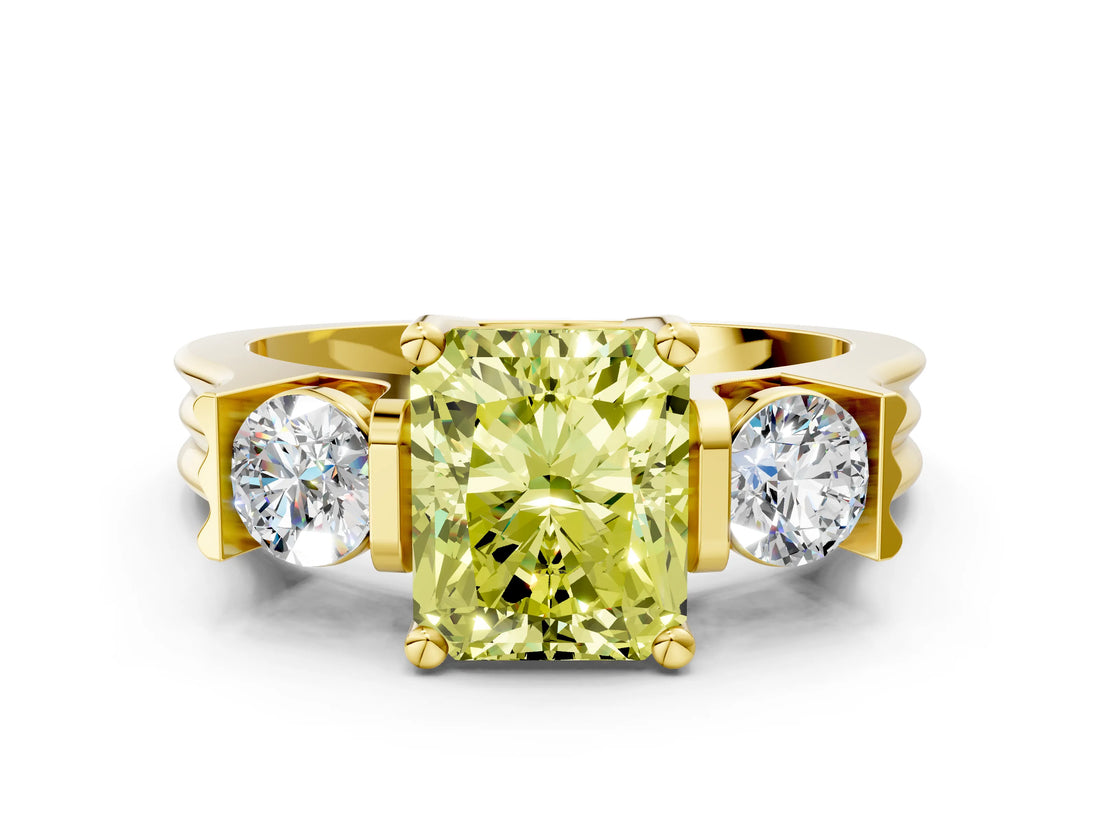 Yellow gold Three-Stone Fancy Yellow Radiant Cut Cut Classic Band Prong Setting Ring