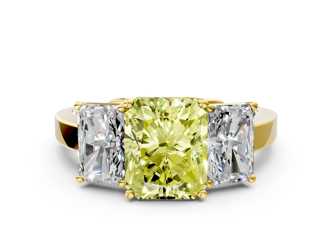 Yellow gold Three-Stone Fancy Yellow Radiant Cut Cut Diamond Engagement Ring with Flat Band and Four-Prong Setting_12