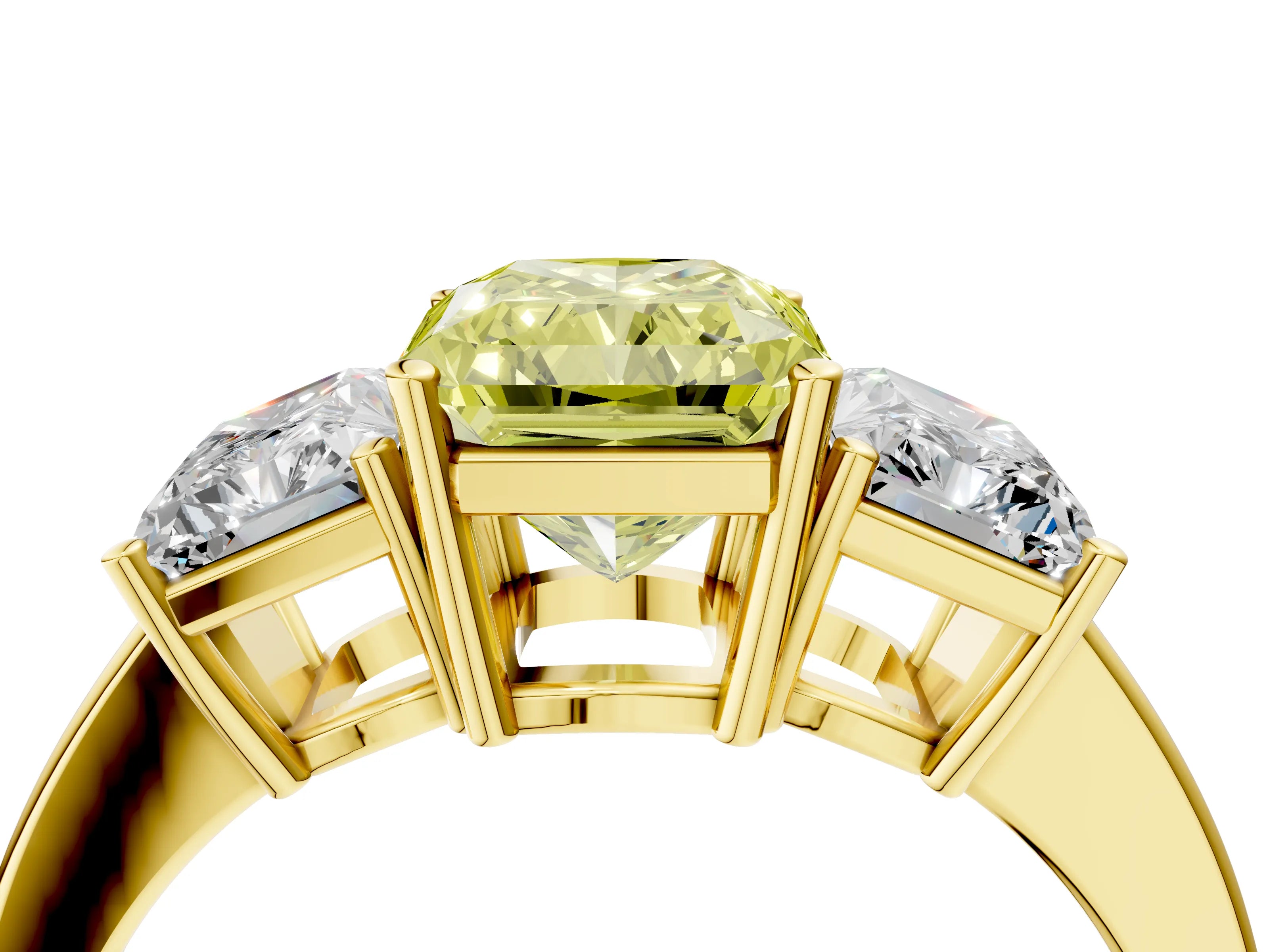 Yellow gold Three-Stone Fancy Yellow Radiant Cut Cut Diamond Engagement Ring with Flat Band and Four-Prong Setting_16