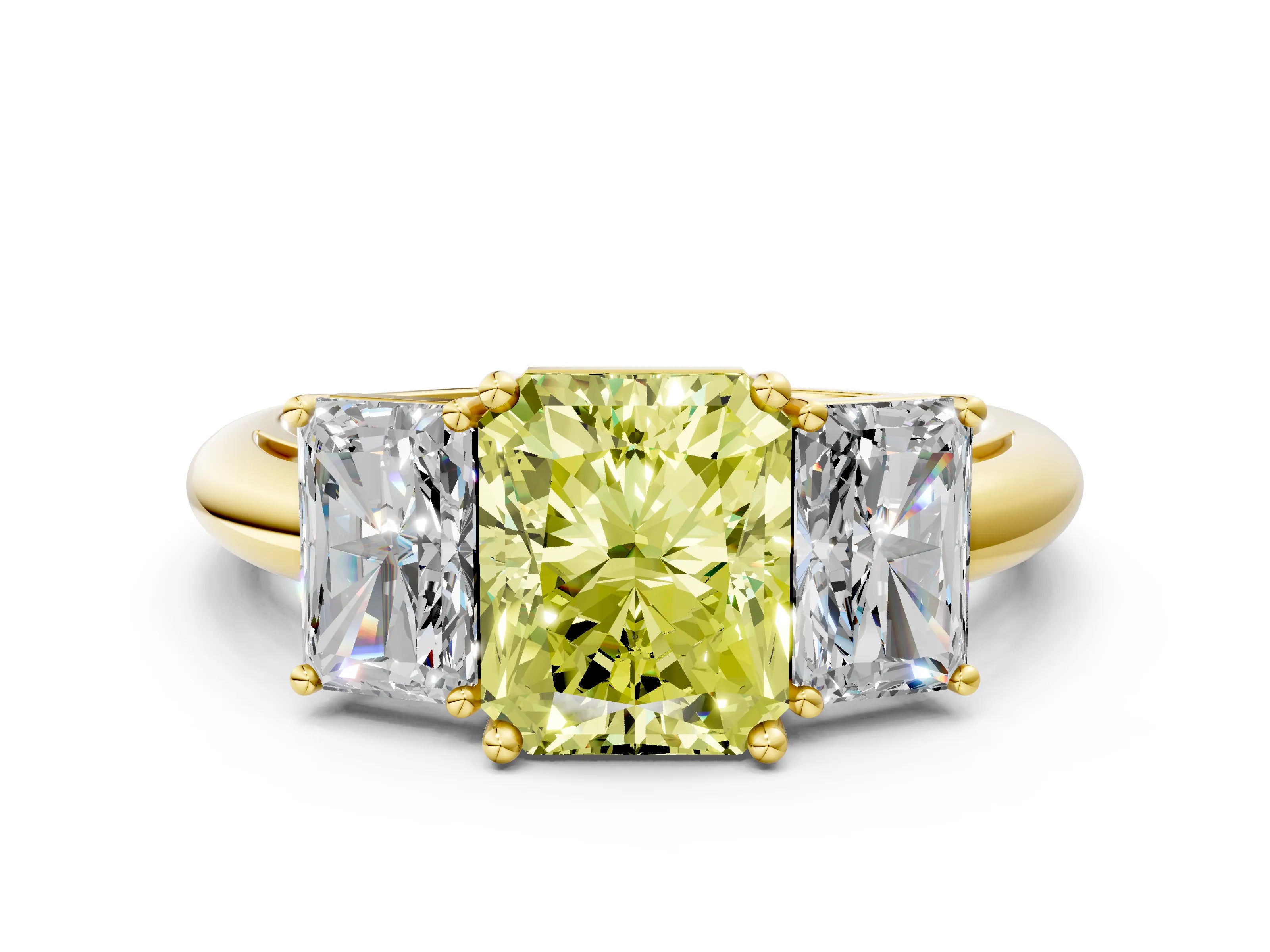 Yellow gold Three-Stone Fancy Yellow Radiant Cut Cut Diamond Engagement Ring with Prong Setting on a White Gold Band