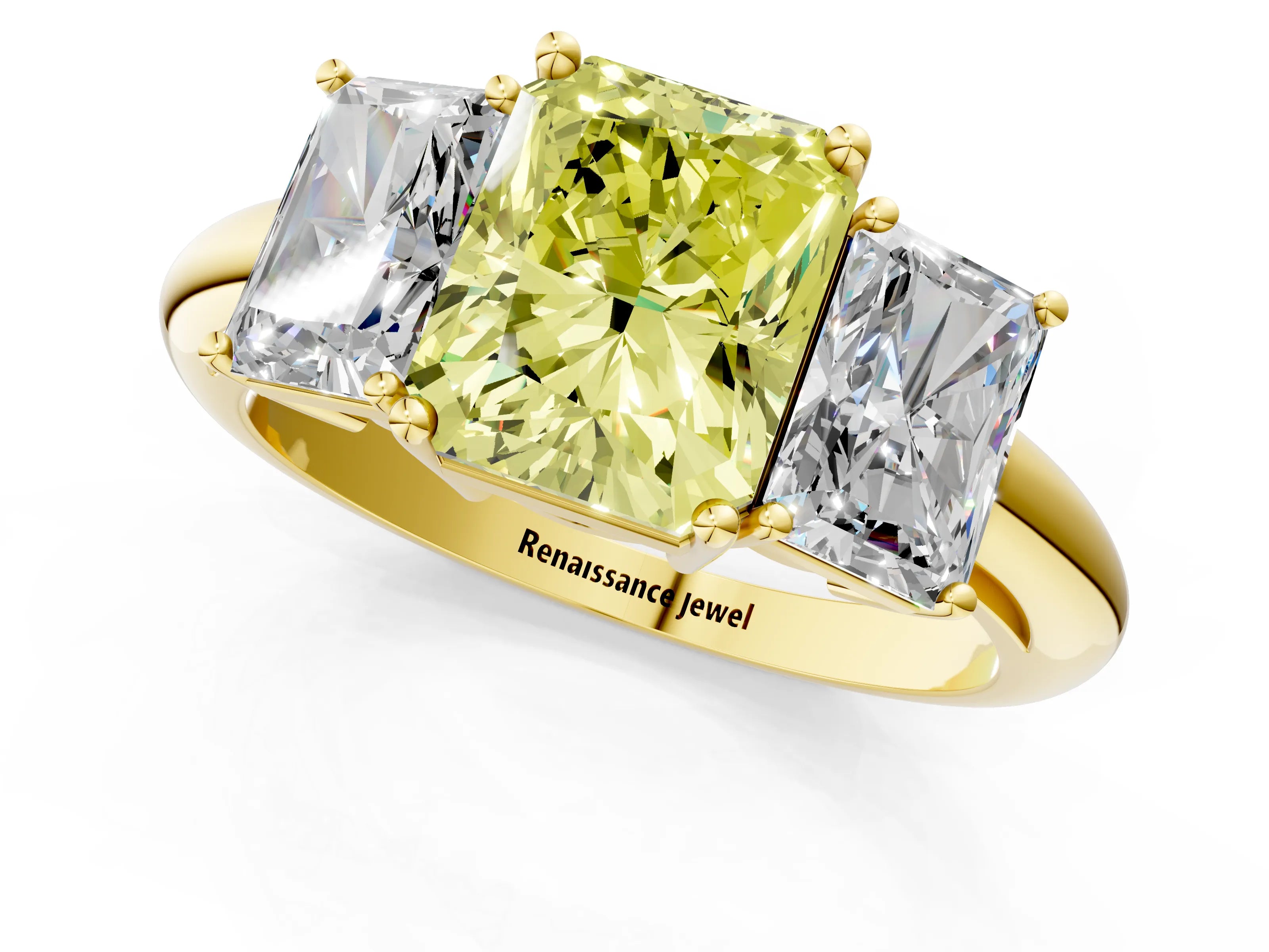 Yellow gold Three-Stone Fancy Yellow Radiant Cut Cut Diamond Engagement Ring with Prong Setting on a White Gold Band_1