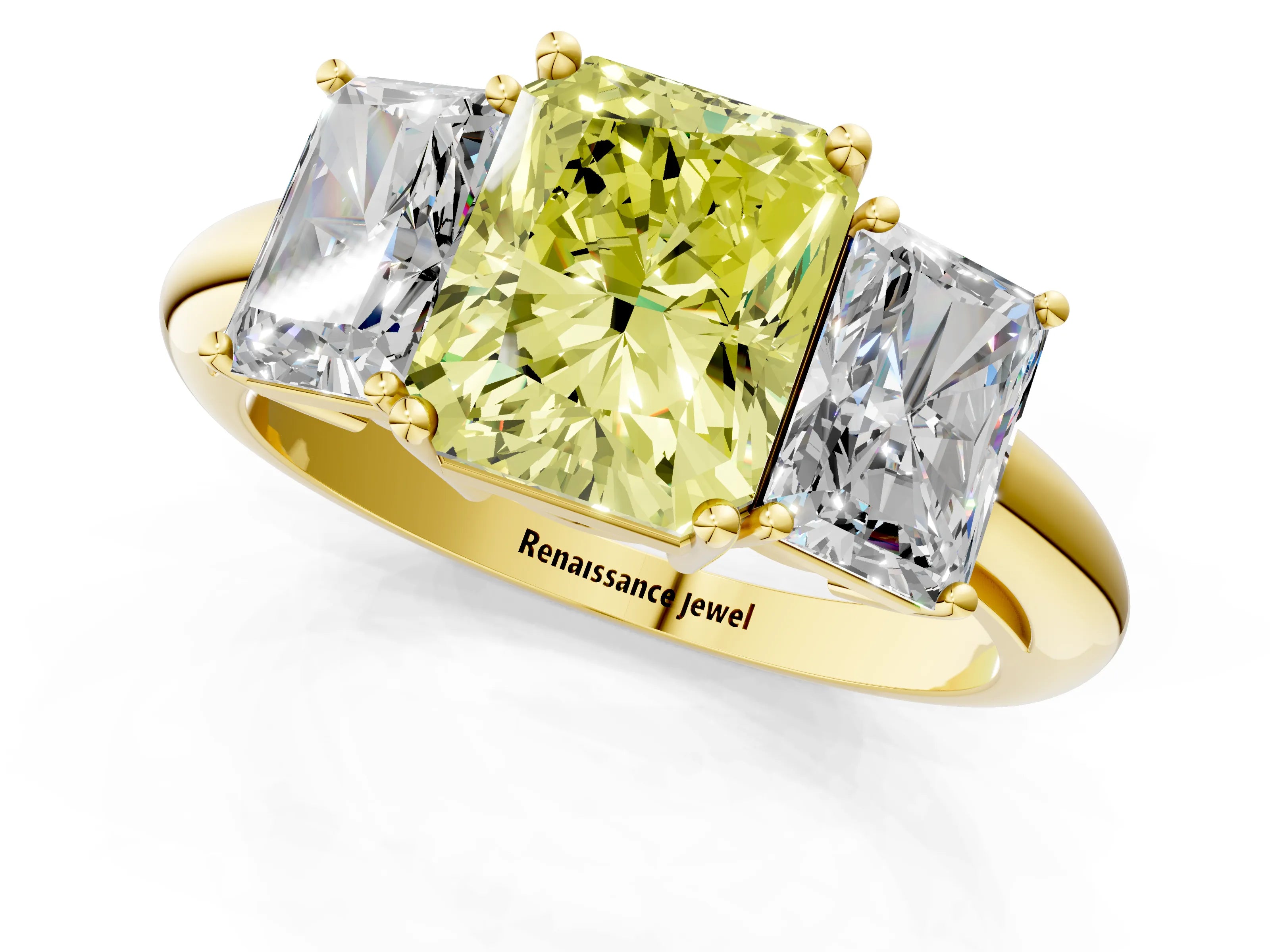 Yellow gold Three-Stone Fancy Yellow Radiant Cut Cut Diamond Engagement Ring with Prong Setting on a White Gold Band_25
