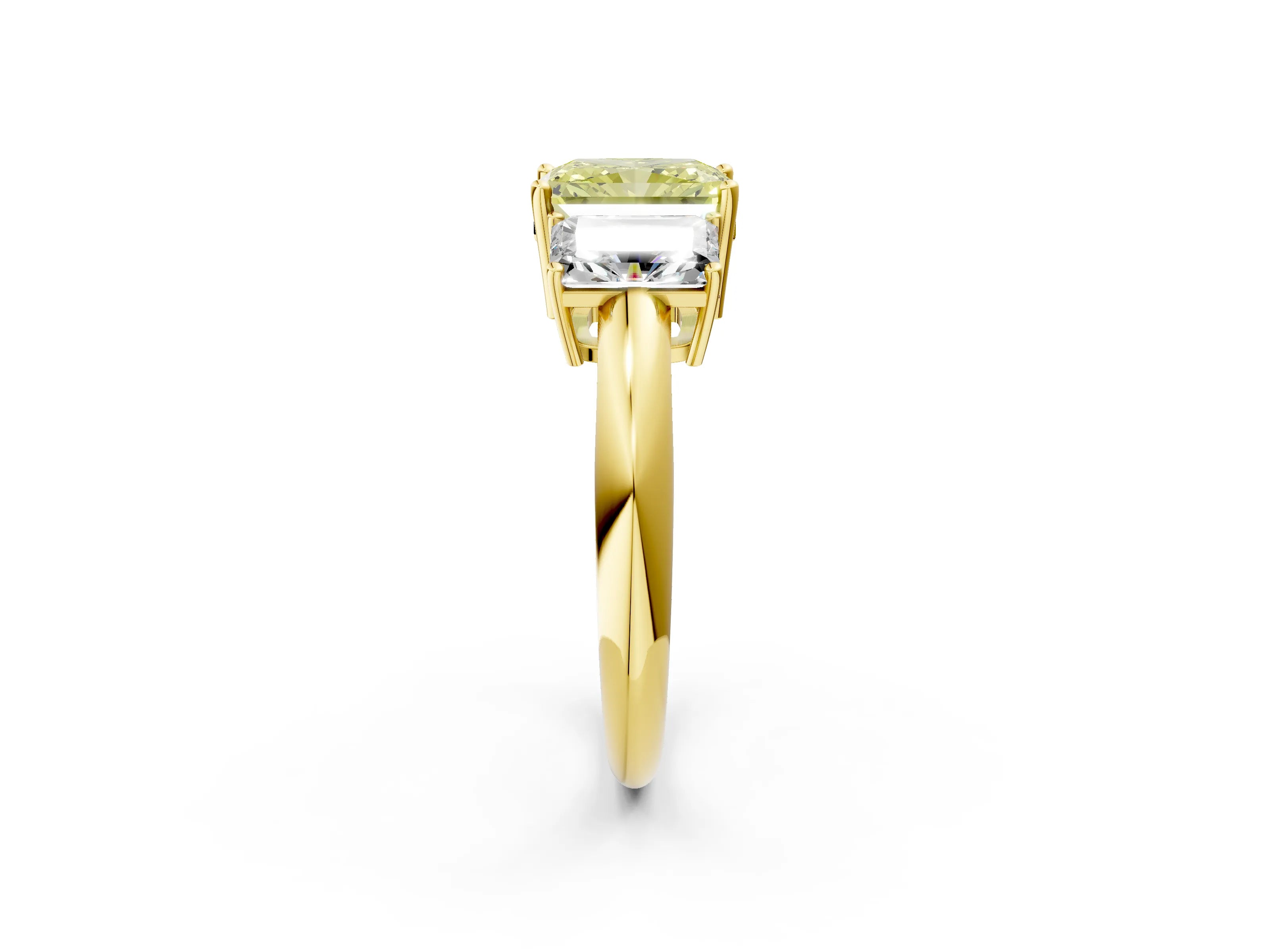 Yellow gold Three-Stone Fancy Yellow Radiant Cut Cut Diamond Engagement Ring with Prong Setting on a White Gold Band_26