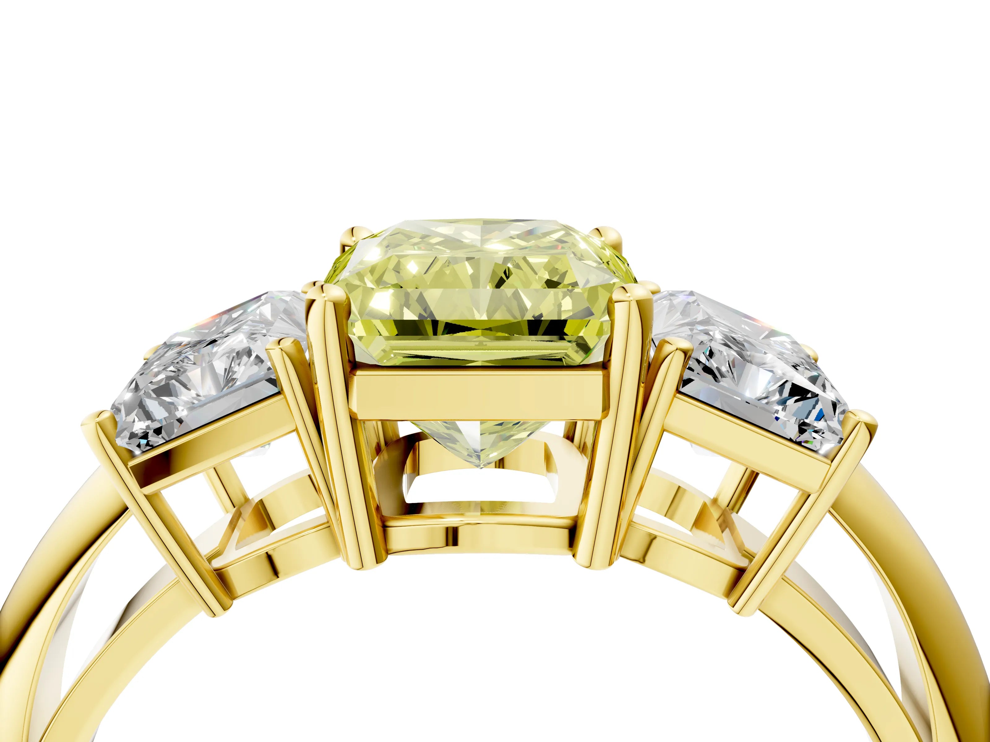 Yellow gold Three-Stone Fancy Yellow Radiant Cut Cut Diamond Engagement Ring with Prong Setting on a White Gold Band_28
