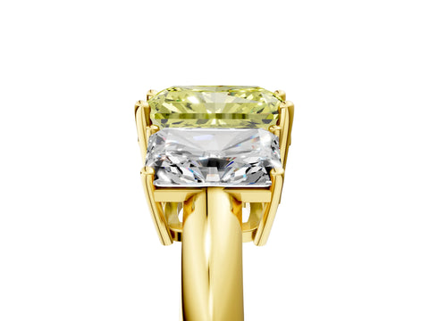 Yellow gold Three-Stone Fancy Yellow Radiant Cut Cut Diamond Engagement Ring with Prong Setting on a White Gold Band_5