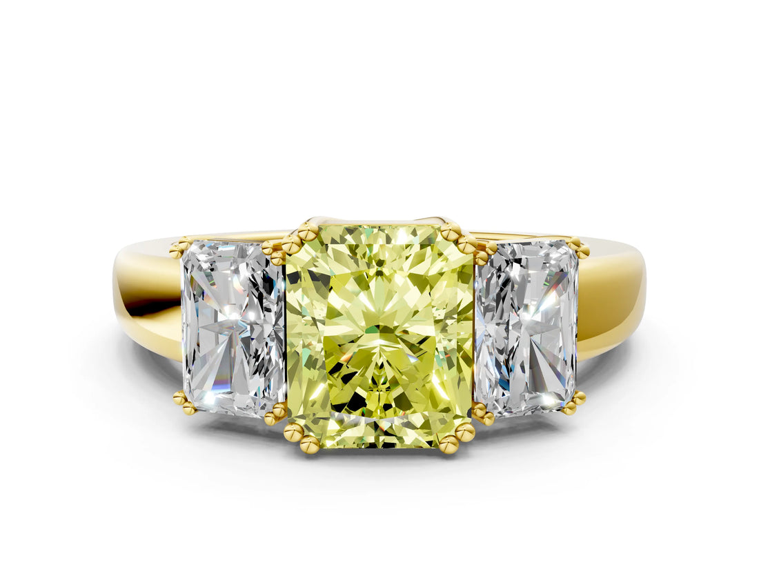 Yellow gold Three-Stone Fancy Yellow Radiant Cut Cut Diamond Ring with Channel Set Band and Four-Prong Setting