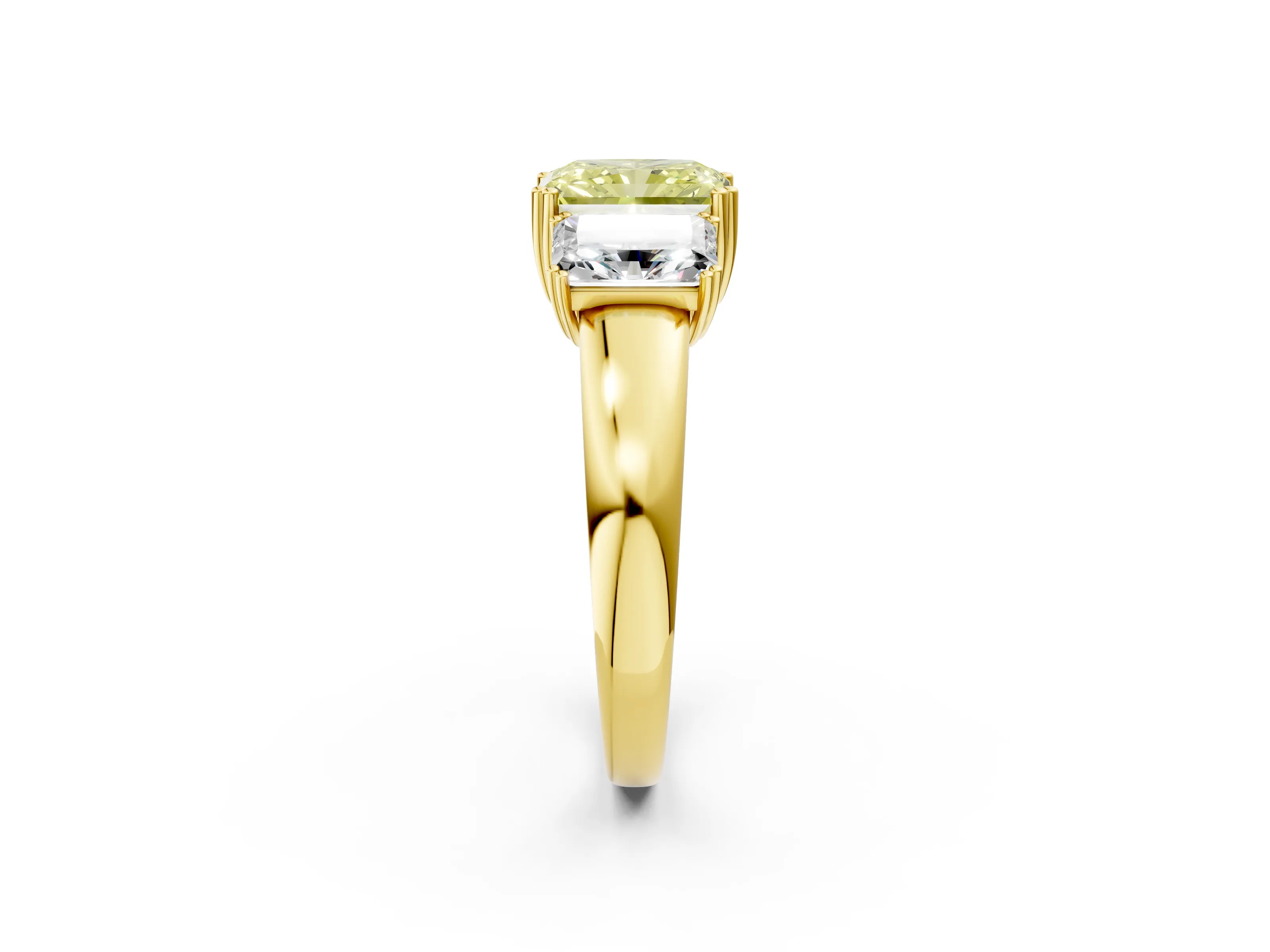 Yellow gold Three-Stone Fancy Yellow Radiant Cut Cut Diamond Ring with Channel Set Band and Four-Prong Setting_2