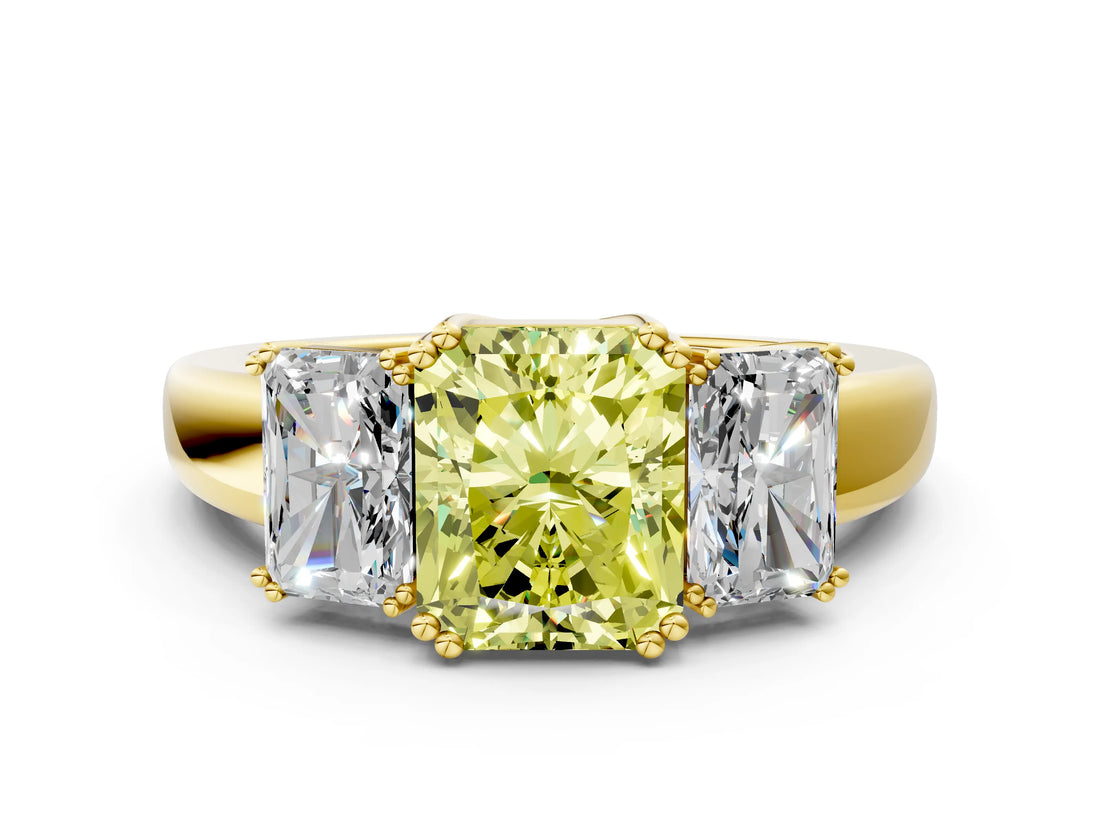 Yellow gold Three-Stone Fancy Yellow Radiant Cut Cut Diamond Ring with Channel Set Band and Four-Prong Setting_24
