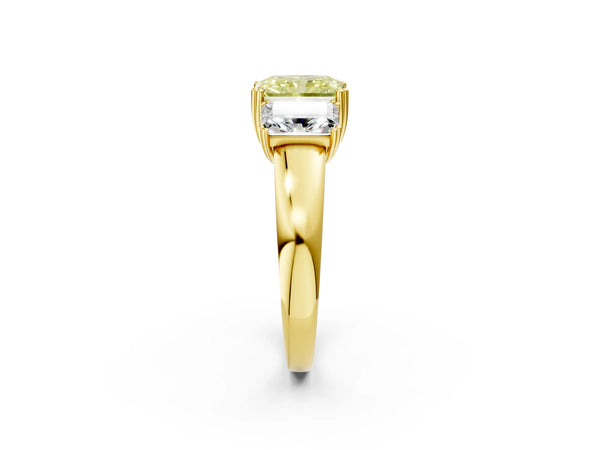 Yellow gold Three-Stone Fancy Yellow Radiant Cut Cut Diamond Ring with Channel Set Band and Four-Prong Setting
