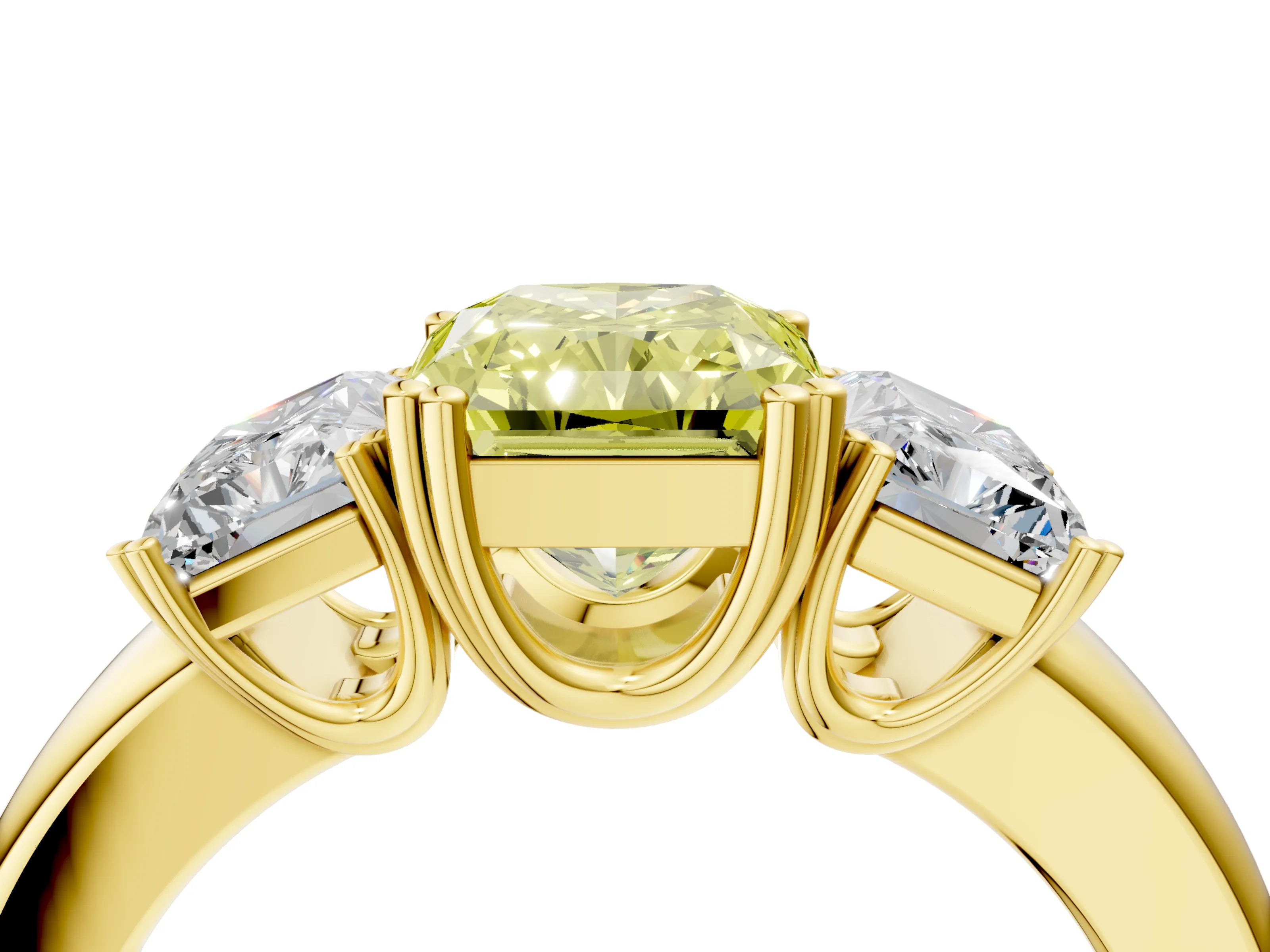 Yellow gold Three-Stone Fancy Yellow Radiant Cut Cut Diamond Ring with Channel Set Band and Four-Prong Setting_4