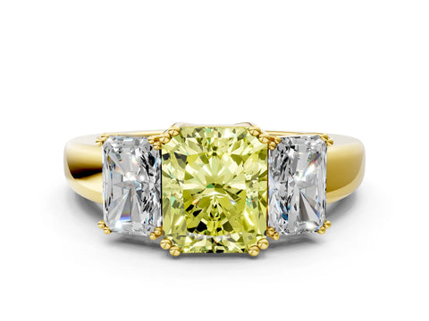 Yellow gold Three-Stone Fancy Yellow Radiant Cut Cut Diamond Ring with Channel Set Band and Four-Prong Setting