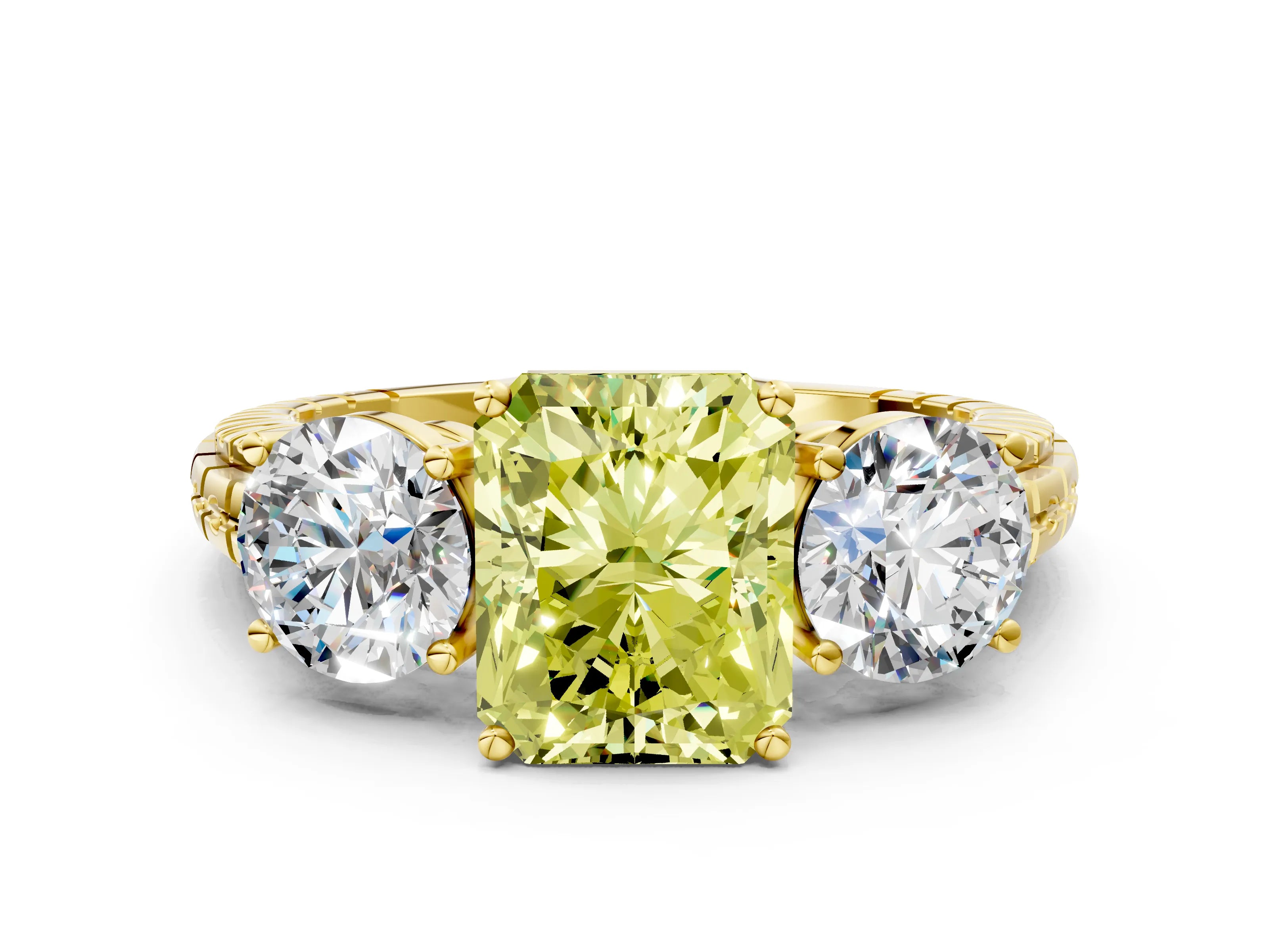 Yellow gold Three-Stone Fancy Yellow Radiant Cut Cut Diamond Ring with Channel-Set Band and Prong Setting