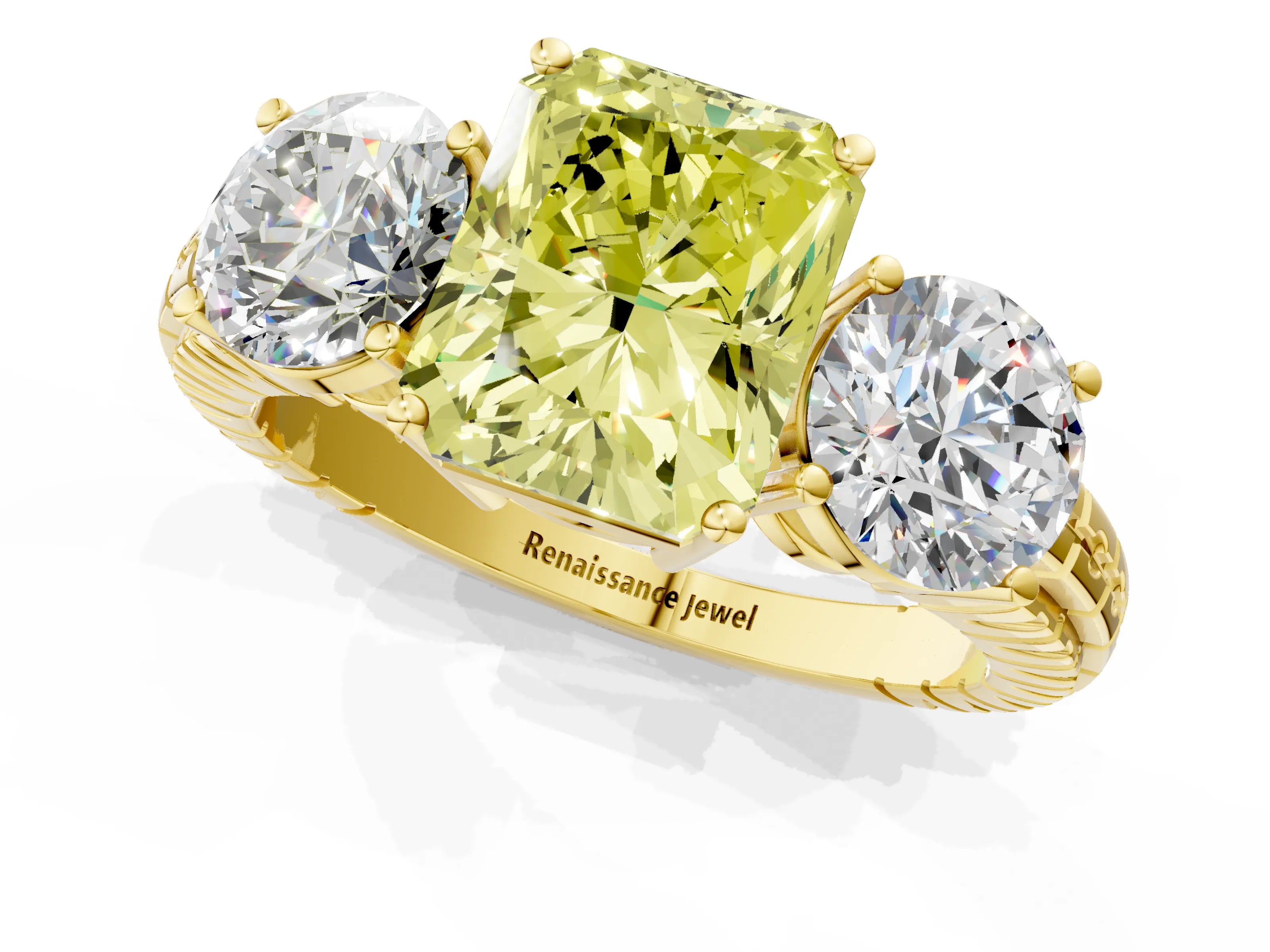 Yellow gold Three-Stone Fancy Yellow Radiant Cut Cut Diamond Ring with Channel-Set Band and Prong Setting_1