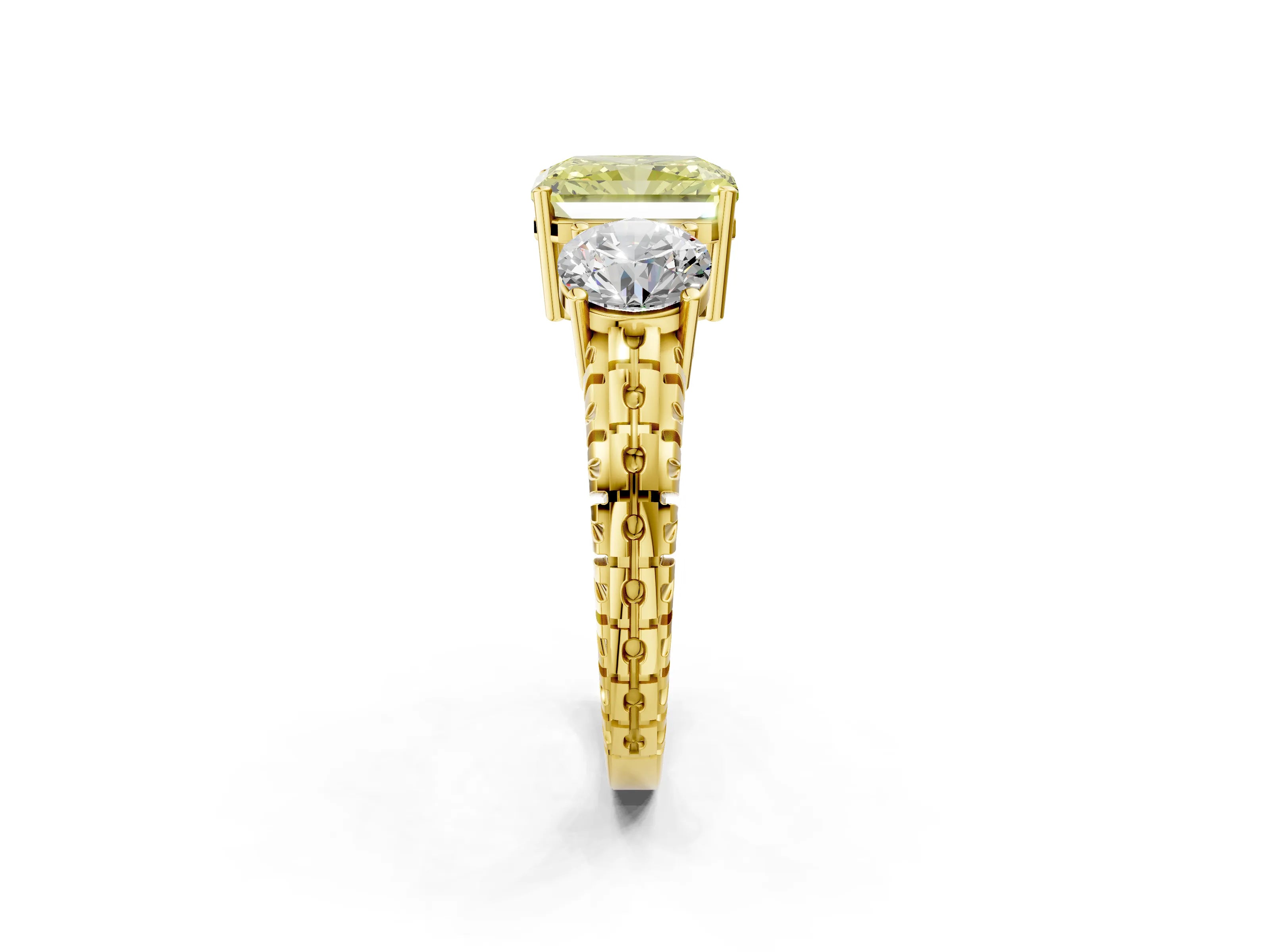 Yellow gold Three-Stone Fancy Yellow Radiant Cut Cut Diamond Ring with Channel-Set Band and Prong Setting_2