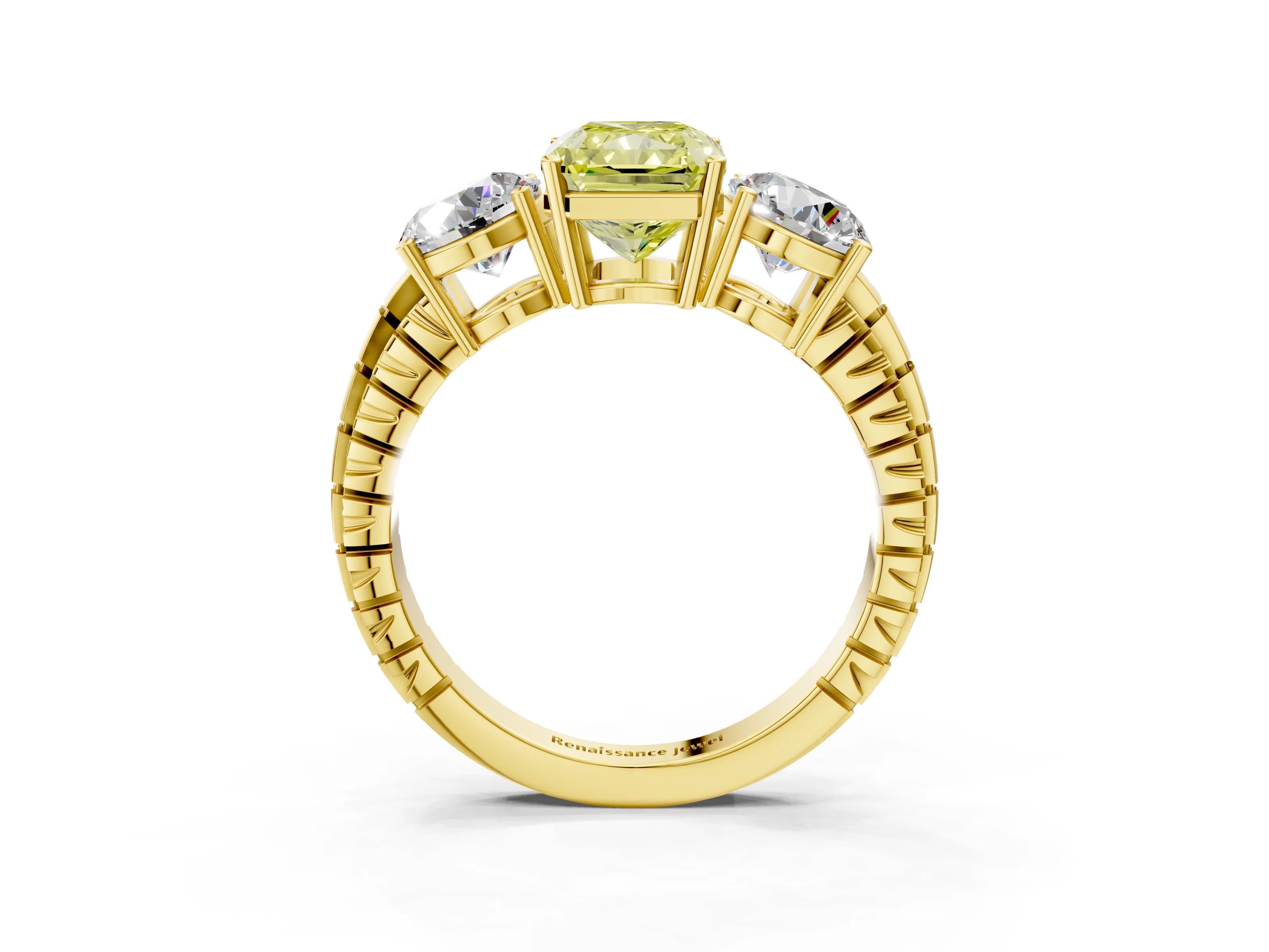 Yellow gold Three-Stone Fancy Yellow Radiant Cut Cut Diamond Ring with Channel-Set Band and Prong Setting_3