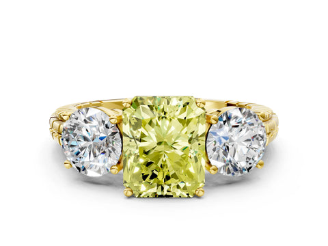 Yellow gold Three-Stone Fancy Yellow Radiant Cut Cut Diamond Ring with Channel-Set Band and Prong Setting