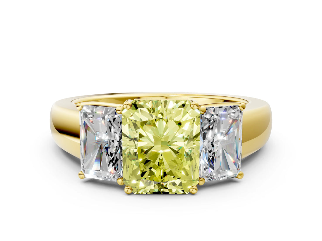 Yellow gold Three-Stone Fancy Yellow Radiant Cut Cut Diamond Ring with Prong Setting and Classic Band