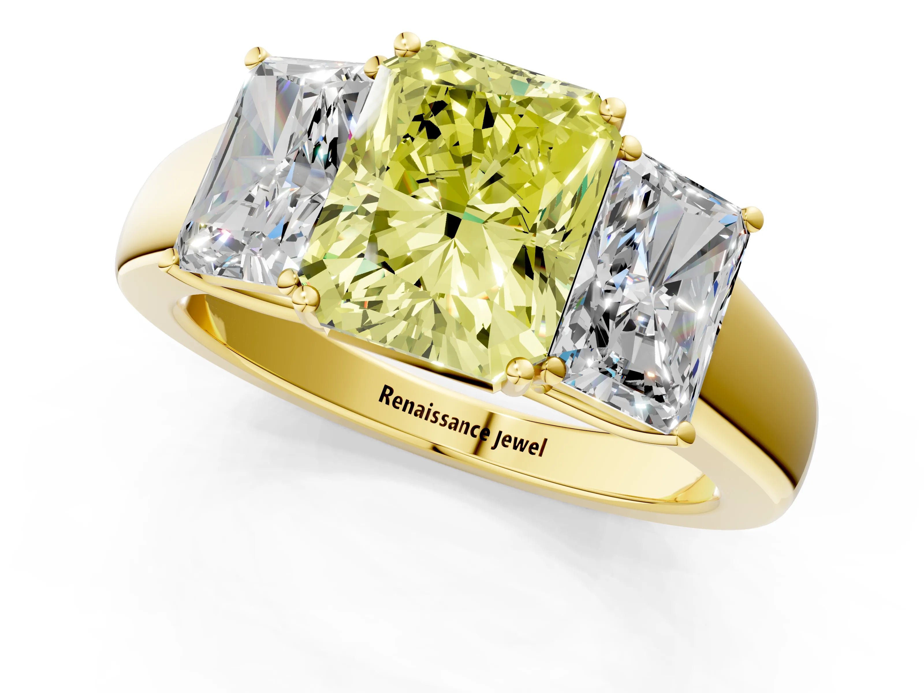 Yellow gold Three-Stone Fancy Yellow Radiant Cut Cut Diamond Ring with Prong Setting and Classic Band_1