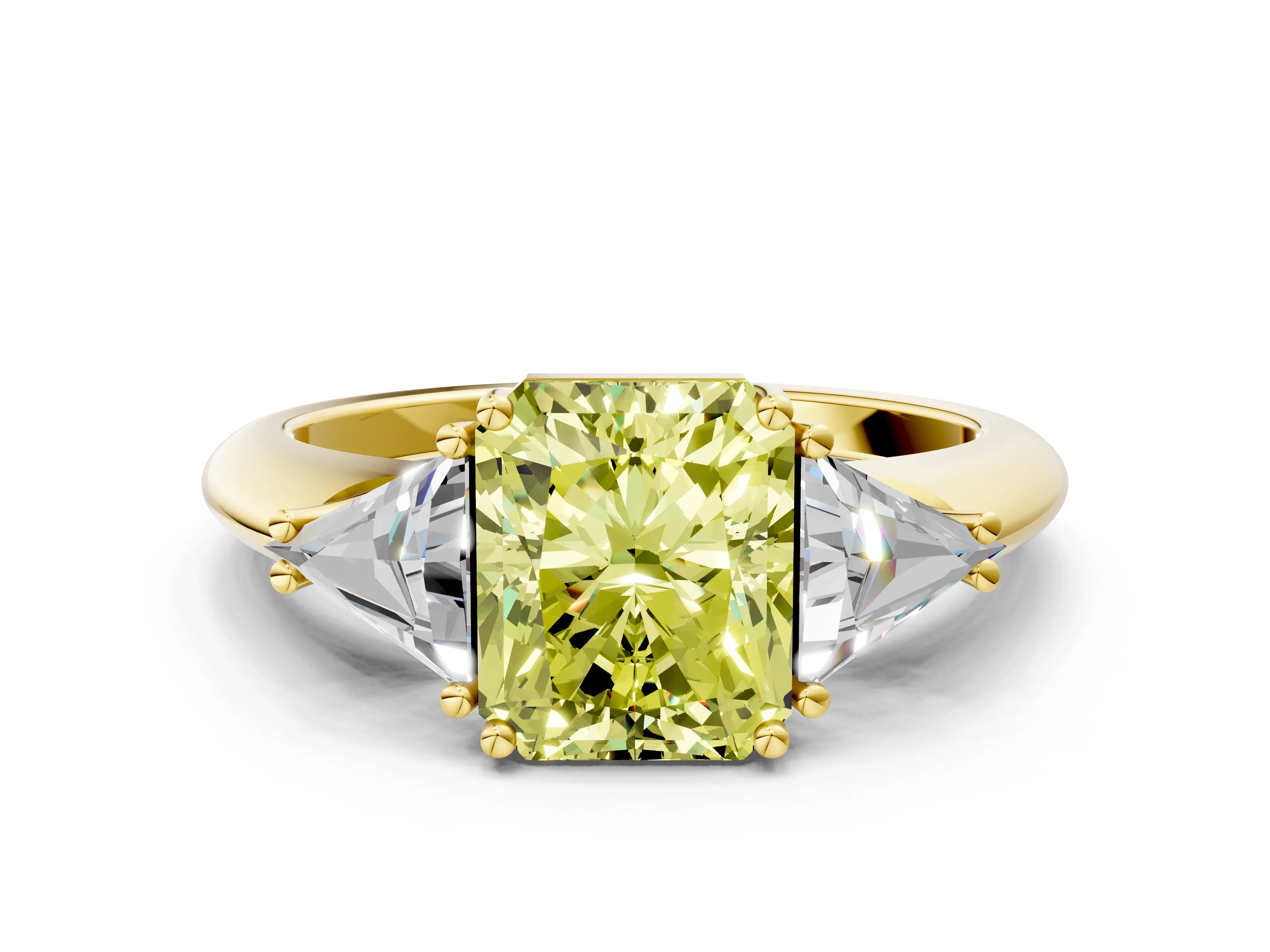 Yellow gold Three-Stone Fancy Yellow Radiant Cut Cut Diamond Ring with Trillion Side Stones and Four-Prong Setting_3