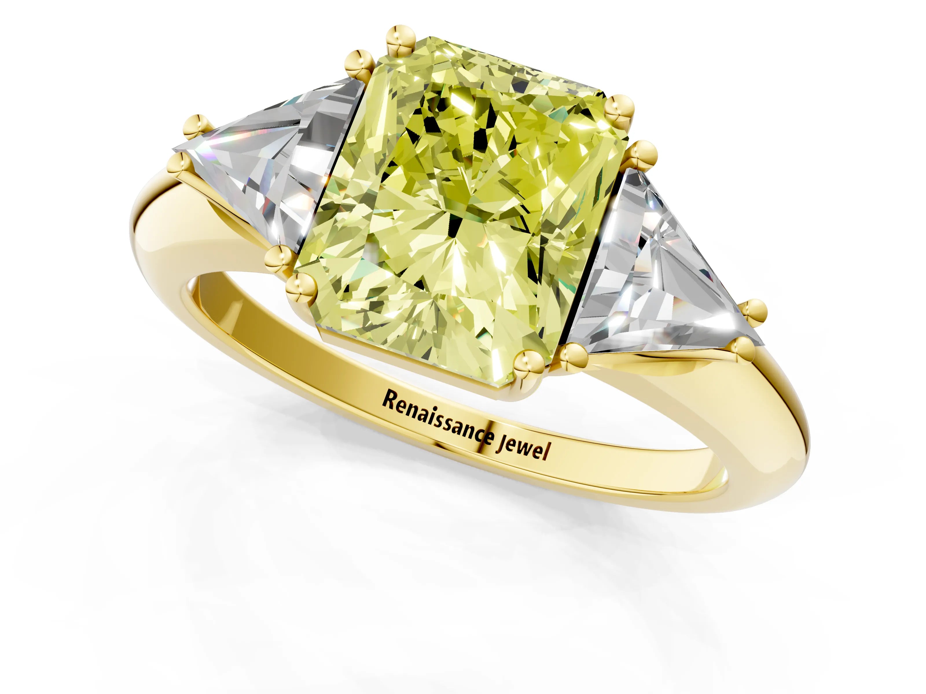 Yellow gold Three-Stone Fancy Yellow Radiant Cut Cut Diamond Ring with Trillion Side Stones and Four-Prong Setting_4
