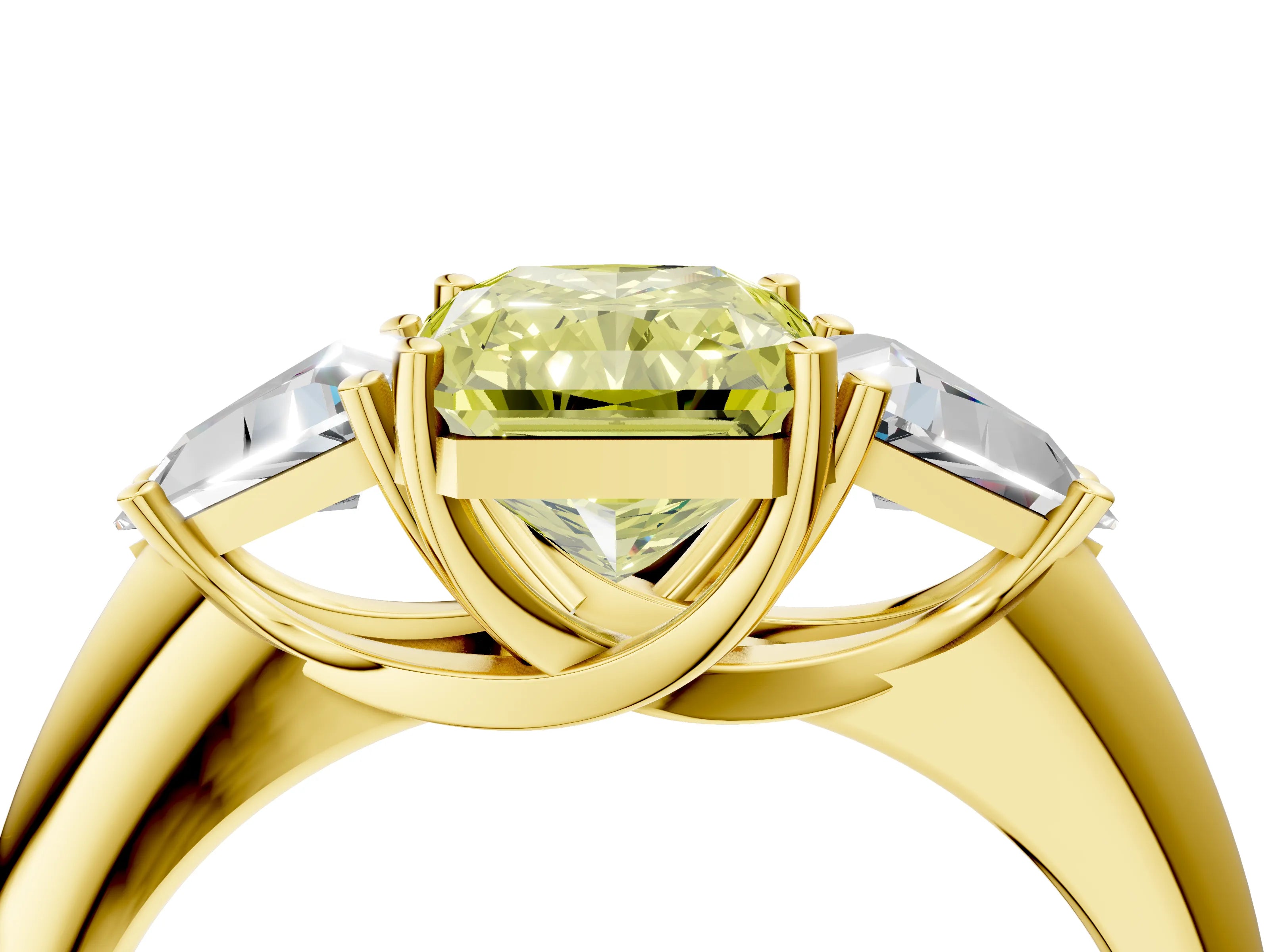 Yellow gold Three-Stone Fancy Yellow Radiant Cut Cut Diamond Ring with Trillion Side Stones and Four-Prong Setting_7