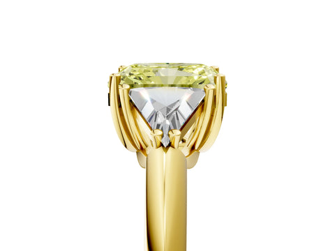 Yellow gold Three-Stone Fancy Yellow Radiant Cut Cut Diamond Ring with Trillion Side Stones and Four-Prong Setting_8