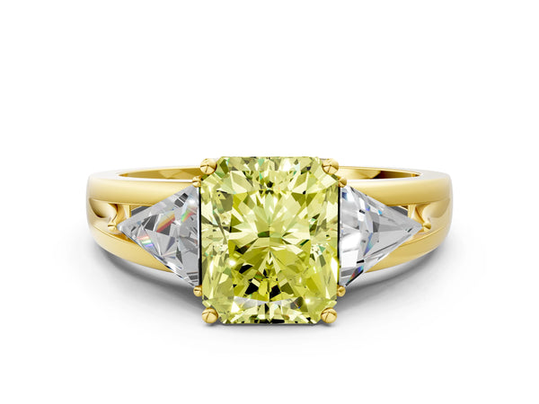 Yellow Gold Radiant Cut Split Shank Three Stone Engagement Ring Setting for Fancy Yellow Center