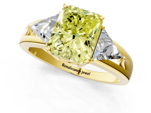 Yellow Gold Radiant Cut Split Shank Three Stone Engagement Ring Setting for Fancy Yellow Center