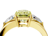 Yellow gold Three-Stone Fancy Yellow Radiant Cut Cut Diamond Ring with Trillion Side Stones on a Split Shank Band_4