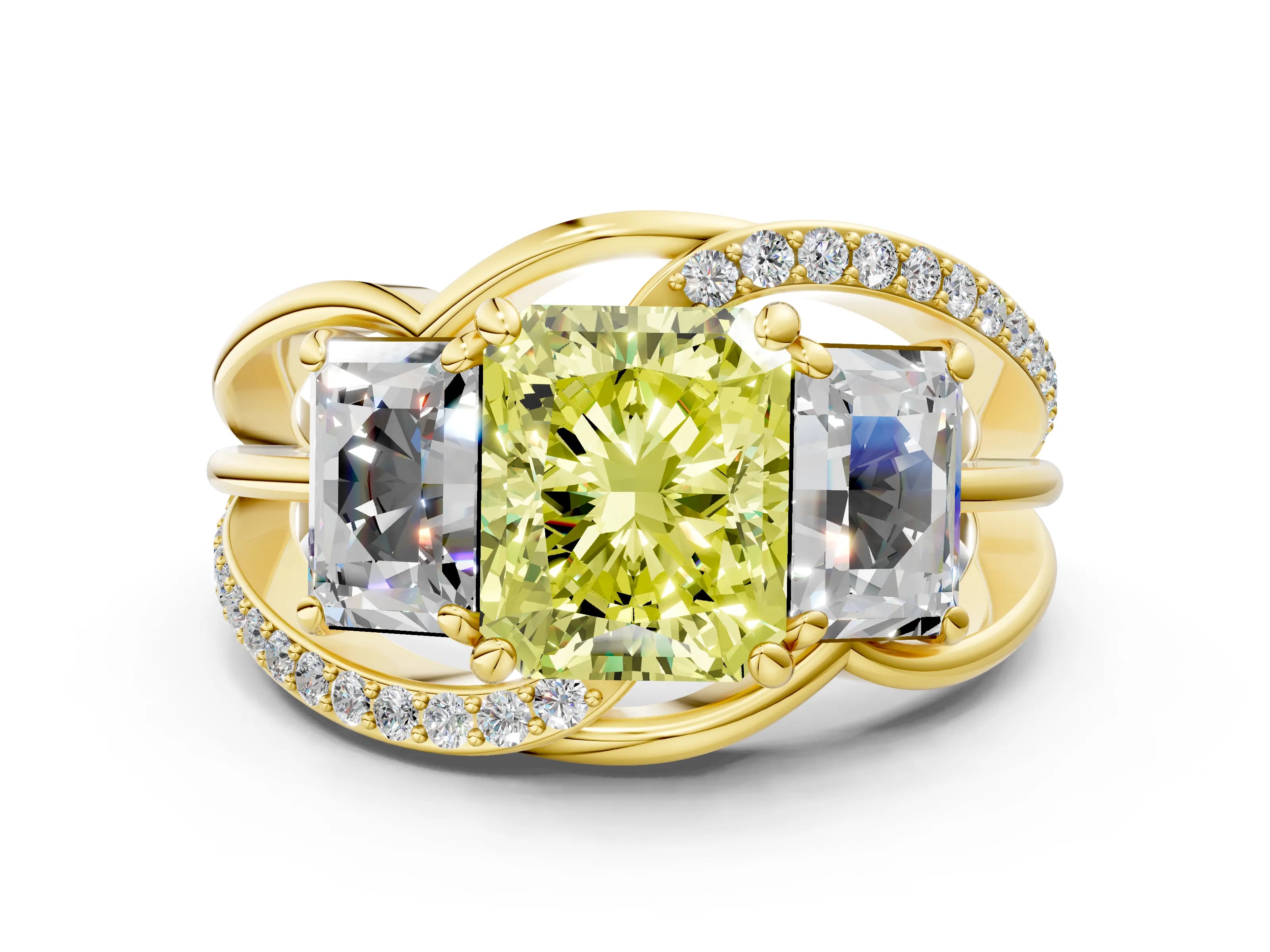 Yellow gold Three-Stone Fancy Yellow Radiant Cut Cut Diamond Split Shank Prong Set Ring_12