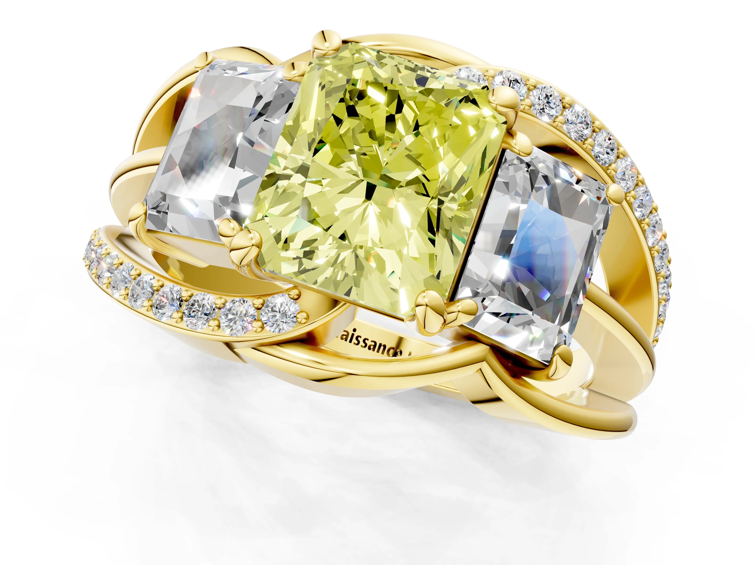 Yellow gold Three-Stone Fancy Yellow Radiant Cut Cut Diamond Split Shank Prong Set Ring_13