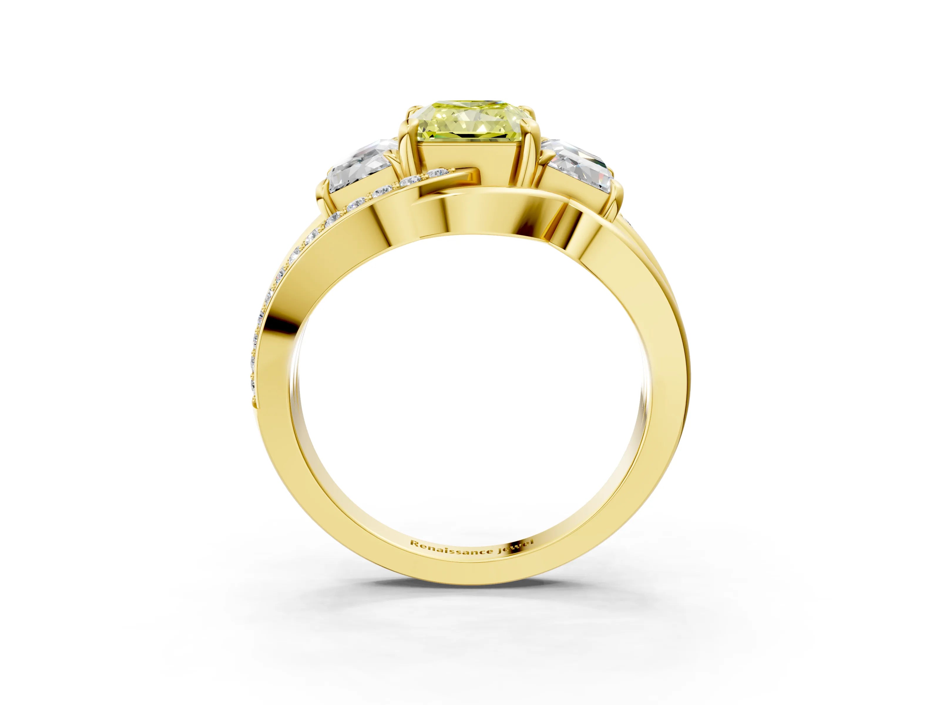 Yellow gold Three-Stone Fancy Yellow Radiant Cut Cut Diamond Split Shank Prong Set Ring_15