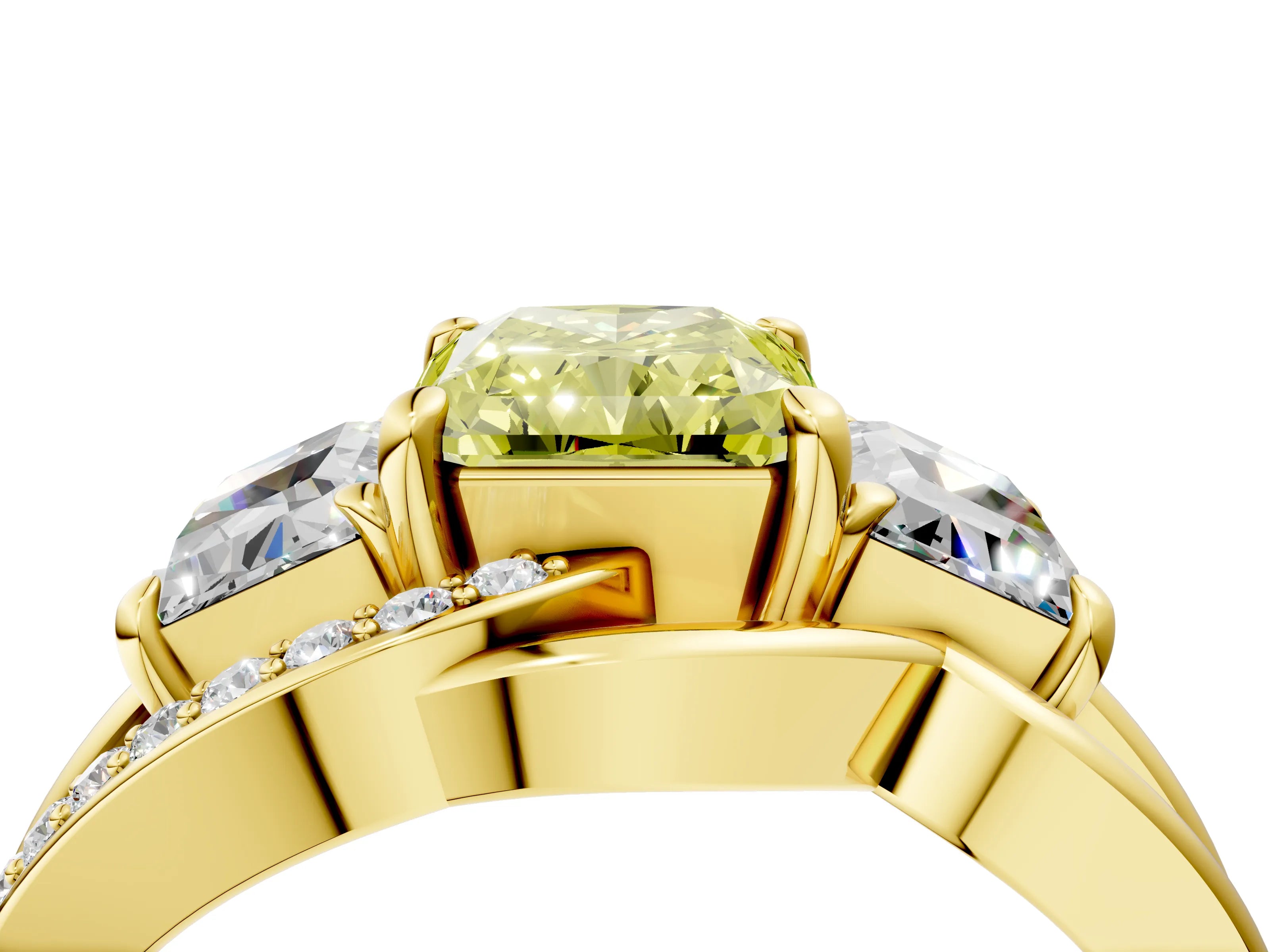 Yellow gold Three-Stone Fancy Yellow Radiant Cut Cut Diamond Split Shank Prong Set Ring_4