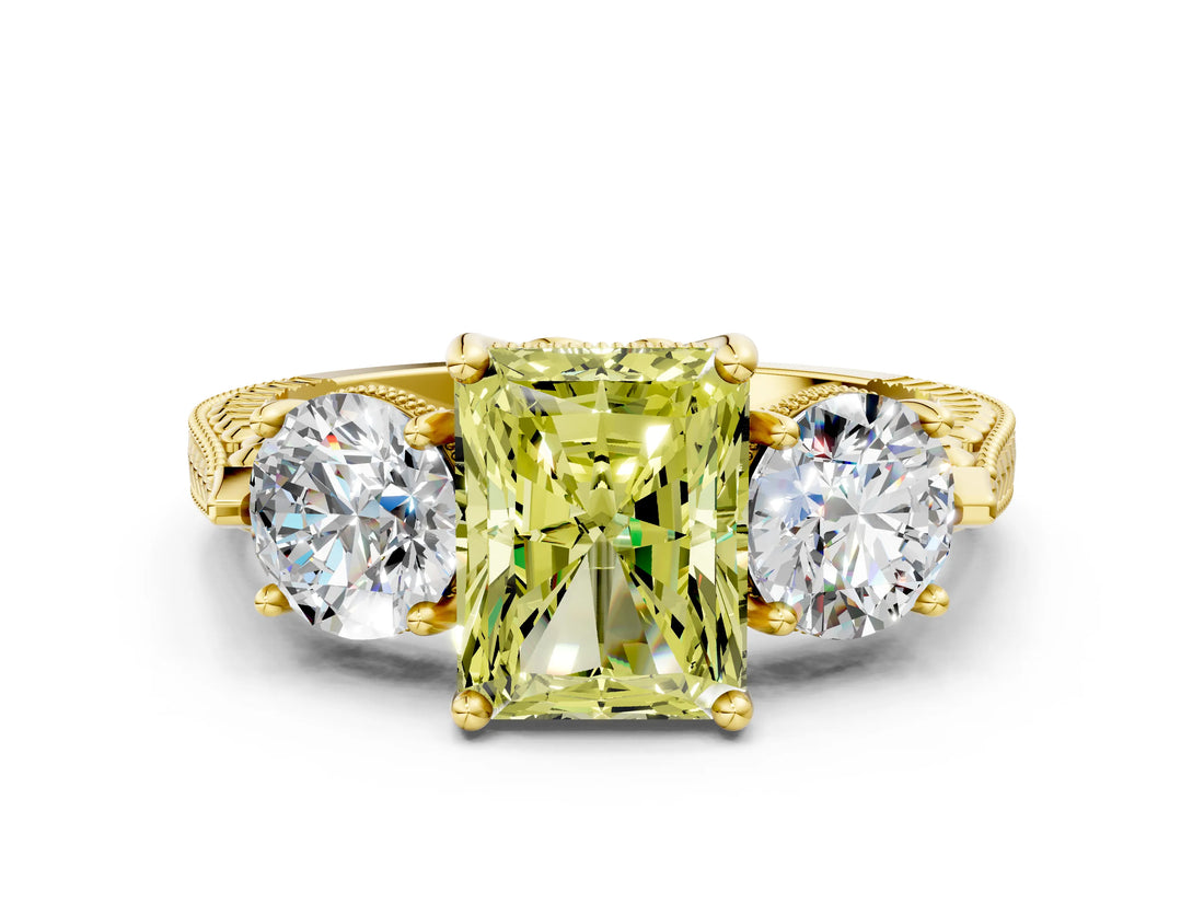 Yellow gold Three-Stone Fancy Yellow Radiant Cut Cut Milgrain Band Prong Setting Ring