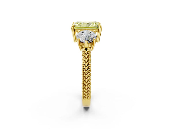 Yellow Gold Radiant Cut Vintage Three Stone Engagement Ring Setting for Fancy Yellow Center