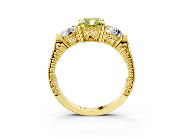 Yellow Gold Radiant Cut Vintage Three Stone Engagement Ring Setting for Fancy Yellow Center