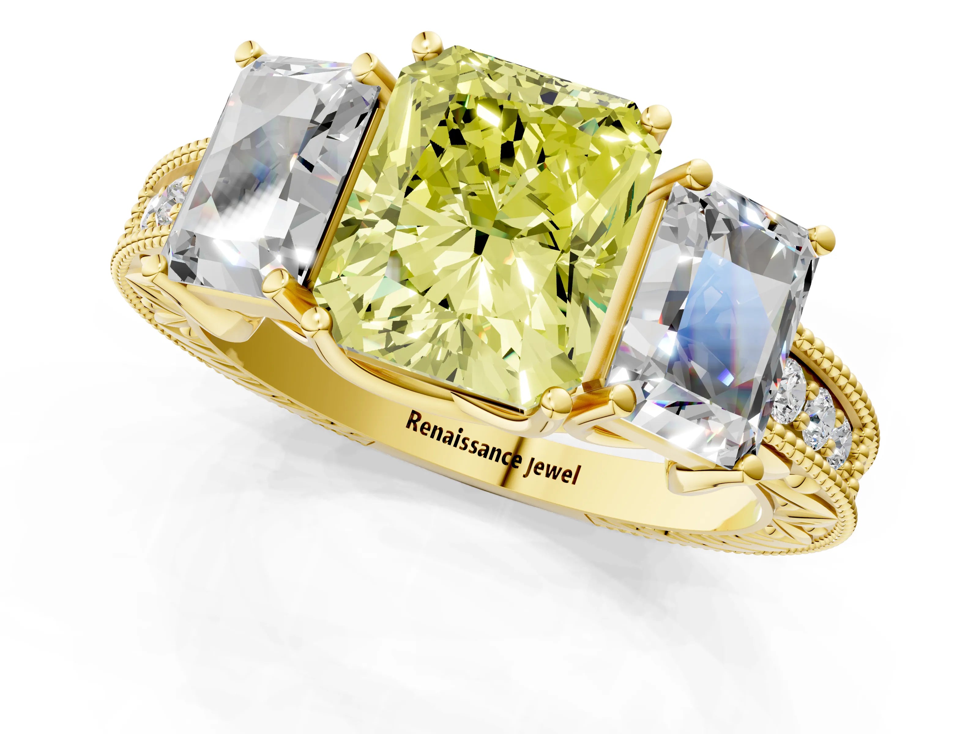 Yellow gold Three-Stone Fancy Yellow Radiant Cut Cut Milgrain Pavé Engagement Ring_1