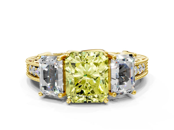 Yellow Gold Radiant Cut Engraved Three Stone Engagement Ring Setting for Fancy Yellow Center