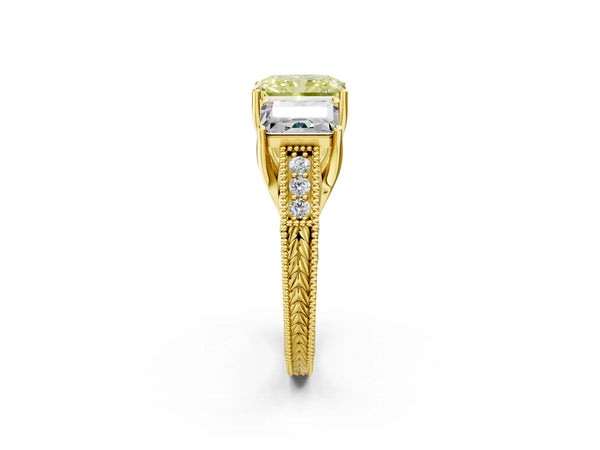 Yellow Gold Radiant Cut Engraved Three Stone Engagement Ring Setting for Fancy Yellow Center