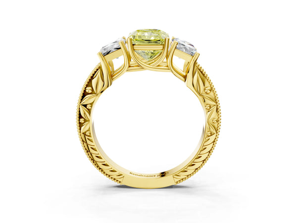Yellow Gold Radiant Cut Engraved Three Stone Engagement Ring Setting for Fancy Yellow Center