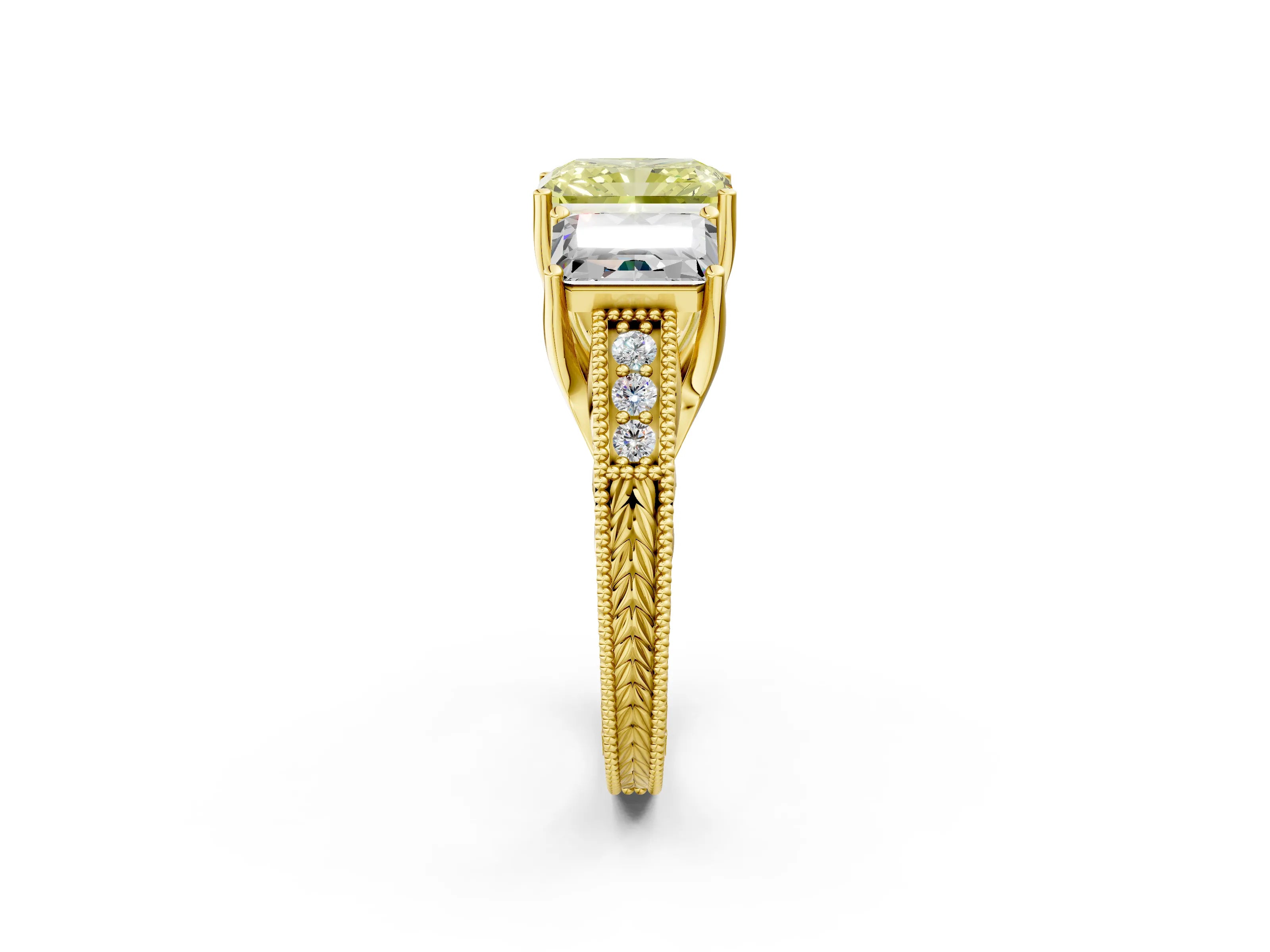Yellow gold Three-Stone Fancy Yellow Radiant Cut Cut Milgrain Pavé Engagement Ring_2