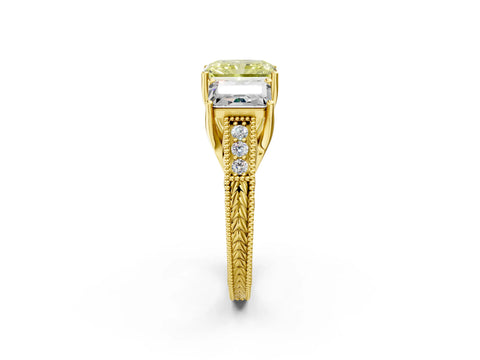 Yellow gold Three-Stone Fancy Yellow Radiant Cut Cut Milgrain Pavé Engagement Ring_2
