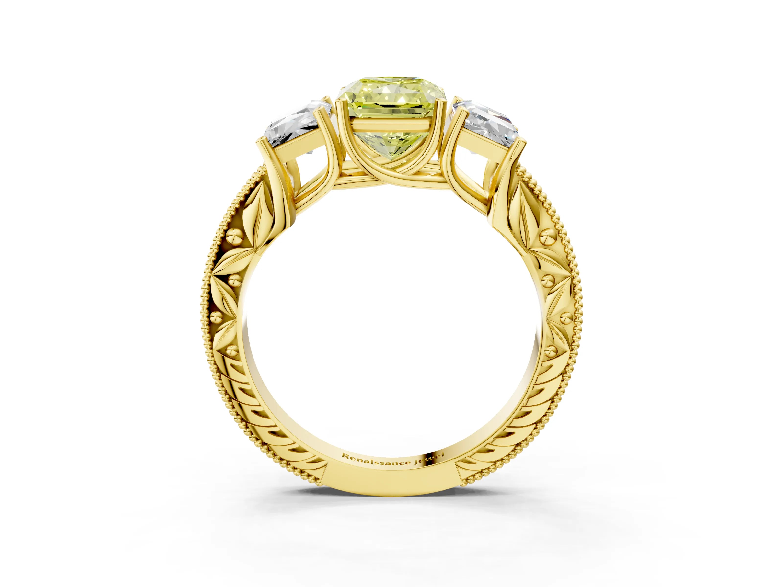 Yellow gold Three-Stone Fancy Yellow Radiant Cut Cut Milgrain Pavé Engagement Ring_3