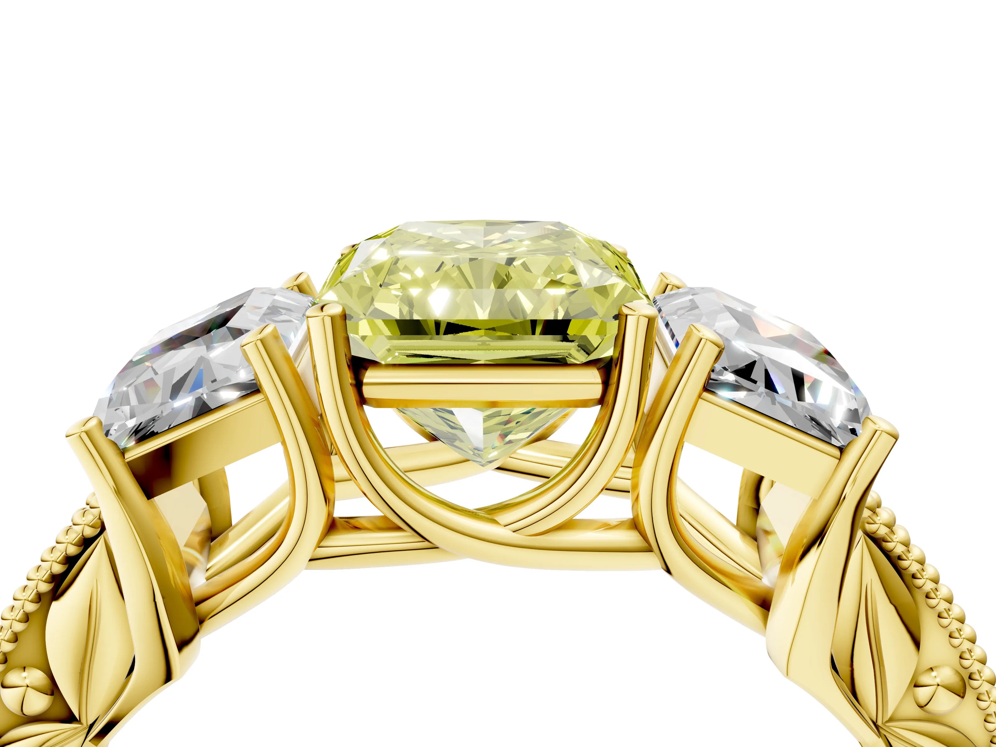 Yellow gold Three-Stone Fancy Yellow Radiant Cut Cut Milgrain Pavé Engagement Ring_4