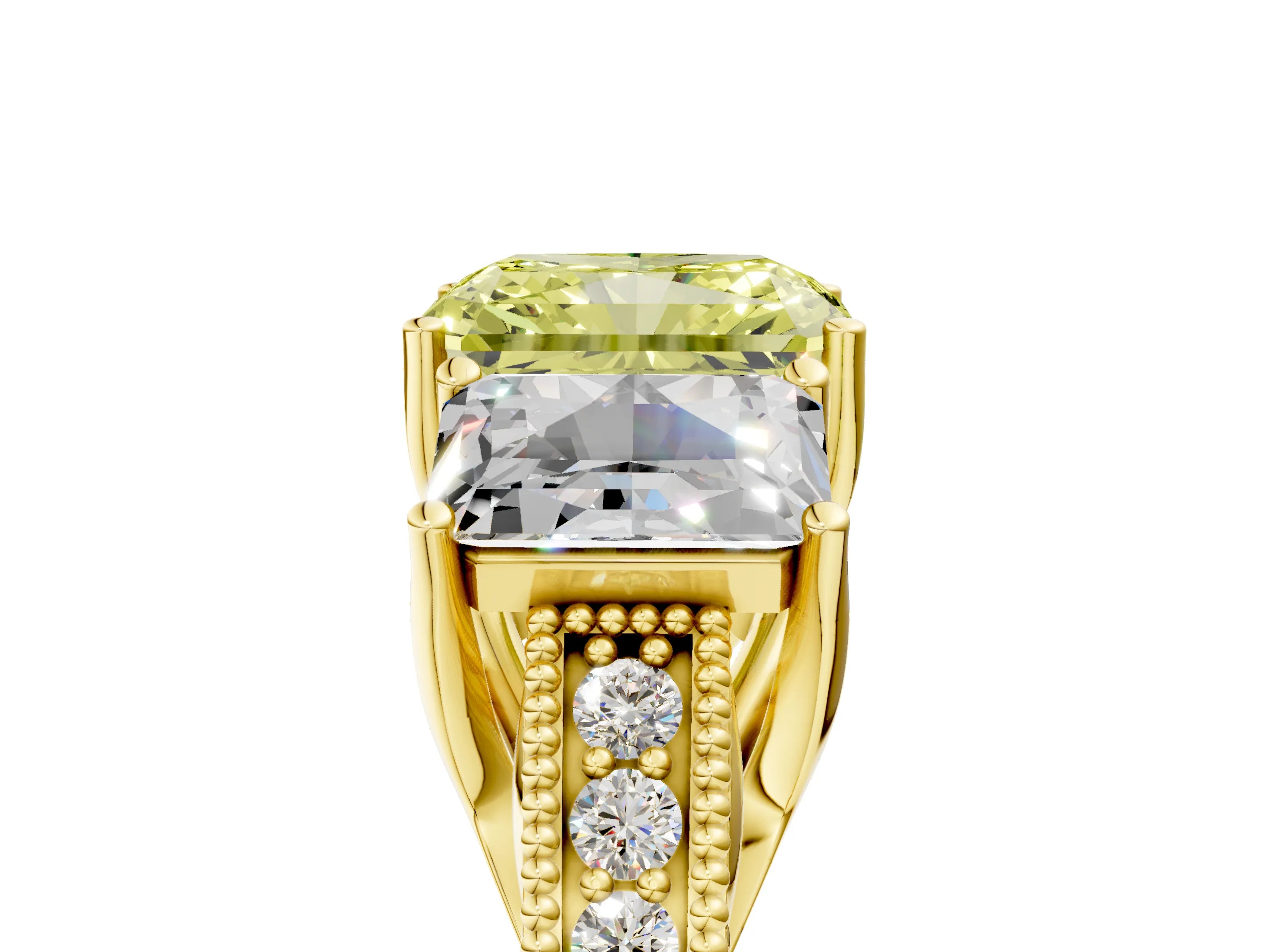 Yellow gold Three-Stone Fancy Yellow Radiant Cut Cut Milgrain Pavé Engagement Ring_5