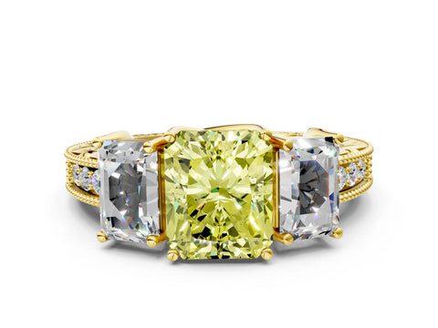 Yellow gold Three-Stone Fancy Yellow Radiant Cut Cut Milgrain Pavé Engagement Ring